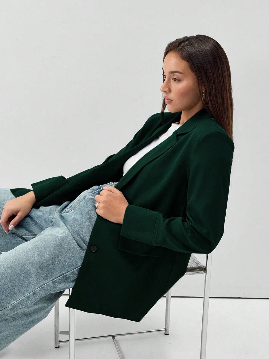 TRNVIE Loose Casual Solid Color Long Sleeve Office/Work Blazer - Dark Green - View 1