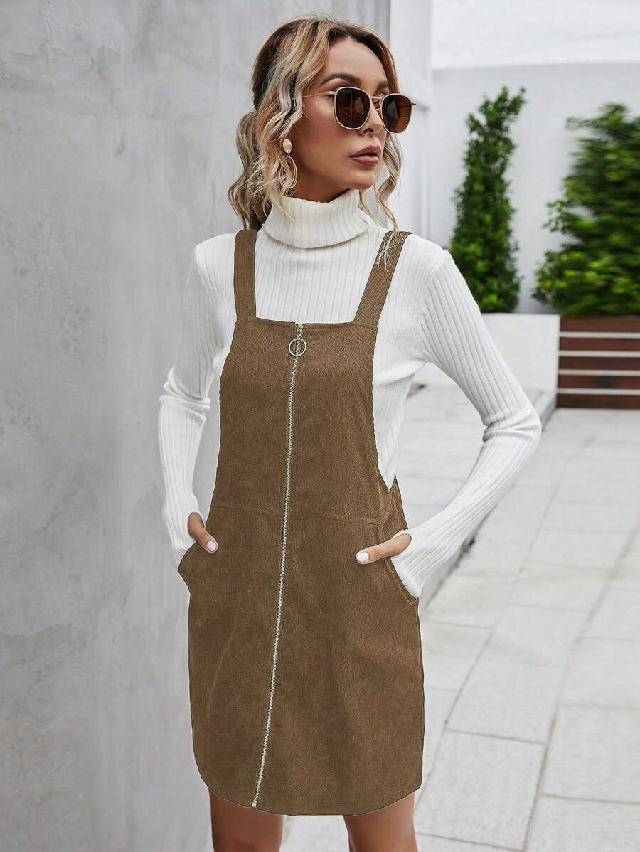 SHEIN LUNE 女士休闲短款拉链前口袋连衣裙灯芯绒女装 - 咖啡棕 - 查看 1