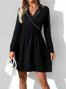 SHEIN Clasi 1 pieza Vestido de suéter de manga larga elegante con dobladillo de burbuja envuelto en cruz de un solo color - Negro - Ver 4