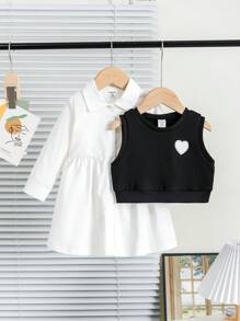 SHEIN 女童学院风甜心背心搭配长款刺绣爱心衬衫裙，休闲舒适，适合秋冬季 - 彩色 - 查看 5