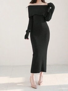 DAZY Vestido de punto ajustado de hombros caídos para mujer, color negro, apto para primavera/verano/otoño