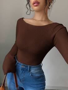 Selianne 船领喇叭袖修身女士针织套头衫，秋冬款 - 鏽棕色 - 查看 8