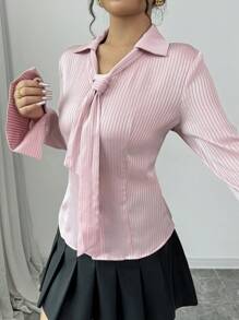 Elenzga Women Casual Chic Commuting Satin Fabric Striped Shirt With Detachable Neck Tie, Waist Cinched, Flared Cuff Sleeves - Dusty Pink - View 4