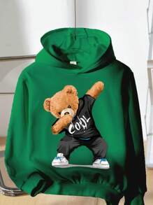 SHEIN Leap Crew Tween Boys Casual Cartoon Bear Print Thick Long Sleeve Sweatshirt, Suitable For Autumn/Winter - Green - View 3