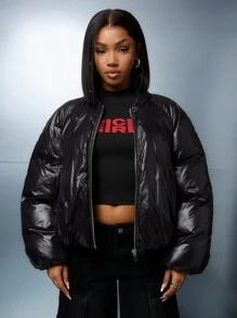 SUMWON WOMEN Oversized Wet Look Quilted Winter Puffer Jacket Puffy Coat High Fashion Street Style Outerwear Fall Winter Warm Quilted Bubble Coat - Black - View 1