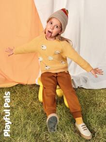 SHEIN 1 件装年轻女孩运动裤秋冬新款可爱猫咪刺绣宽松休闲裤 - 咖啡棕 - 查看 5