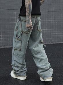 Manfinity EMRG Men's Raw Edge Design Loose Fit Wide Leg Baggy Jeans, Belt Not Included - Multicolor - View 2