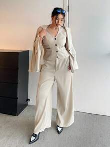 Calvaya 3 件套杏色套装：夹克、背心和裤子，适合办公室和通勤，秋季 - 白色 - 查看 6