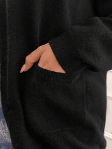 SHEIN Clasi 大码女式纯色长袖前开式休闲开衫，秋冬款 - 黑色 - 查看 6