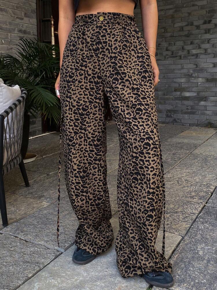 Women Chic Leopard Print Cargo Casual Straight Leg Pants With Half Elastic Waist Cheetah Print