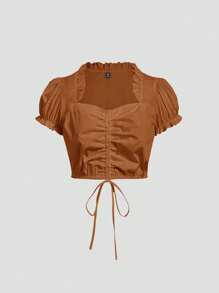 SHEIN MOD 大码女式浪漫复古荷叶边心形领口泡泡袖前抽绳褶皱衬衫 - 鏽棕色 - 查看 1