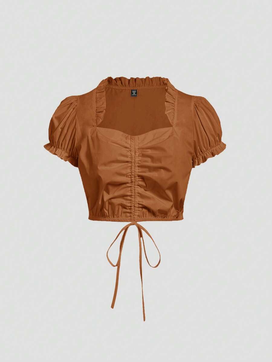 SHEIN MOD 大码女式浪漫复古荷叶边心形领口泡泡袖前抽绳褶皱衬衫 - 鏽棕色 - 查看 1