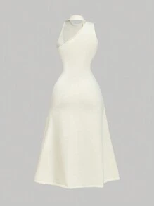 SHEIN MOD Apricot Turtleneck Collar Sleeveless Mid-Length Knitted Dress, Elegant Ladies,Halter Neck, Scarf Collar Long Woolen A Line Dress For Women,Winter Women Dress