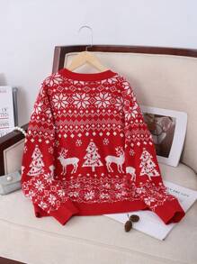 青少年女孩冬季宽松休闲简约舒适圆领柔软针织毛衣，适合圣诞节 - 紅色 - 查看 2