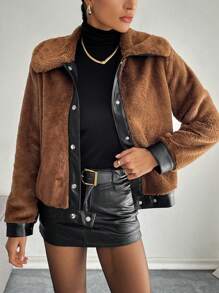 SHEIN Essnce Women's Chocolate Brown Winter Coat Thermal Winter Coat Colorblock Trim Front Button Fluffy Lined Keep Warm Winter Coat Winter Women Clothes Winter Women Coat Winter Outfits Winter Jacket