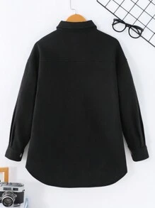 SHEIN Tween Girls' Loose Casual Versatile Comfortable Long Sleeve Pocket Front Button Streetwear Jacket - Black - View 2