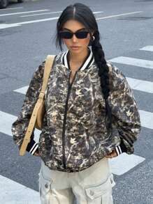 Muchica 1pc Women's New Casual Sports Style Full Print Contrast Striped Trim Baseball Jacket, Autumn , Bomber Jacket - Army Green - View 5