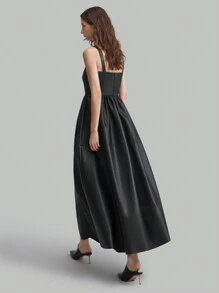 Ontre Vestito lungo elegante da festa con colletto quadrato, orlo oversize, estetica scura, in materiale PU, adatto per l'autunno e l'inverno - nero - Visualizzare 4