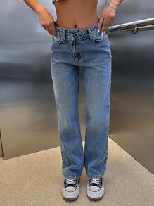 SHEIN Cottnline 100% Cotton HIGH RISE ASYMMETRIC BELT STRAIGHT CUT JEAN - Medium Wash - View 5