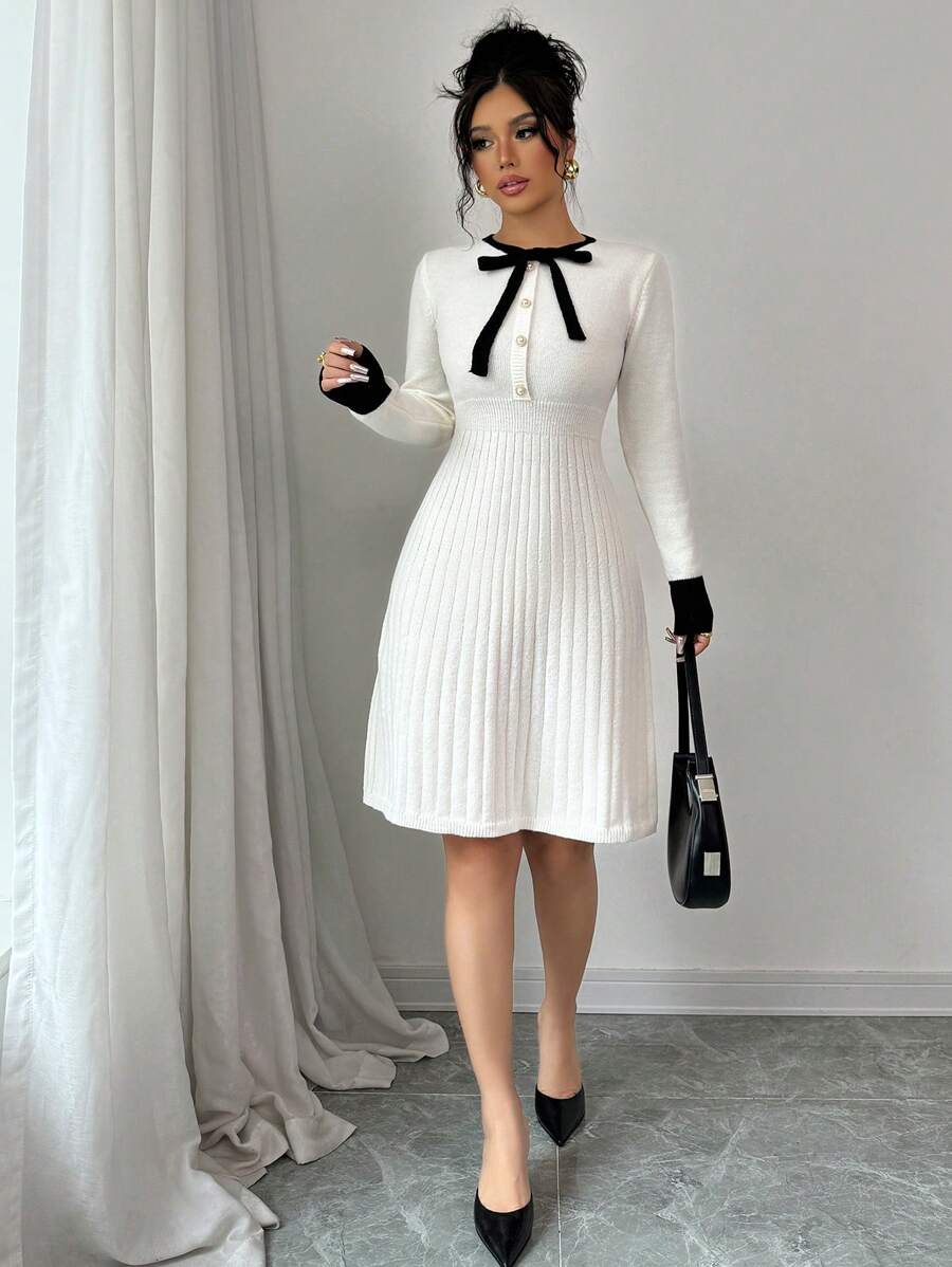 Váy dệt kim cạp cao màu mơ tương phản, cổ nơ đen, tay dài, thu/đông - Nhiều màu - Xem 1