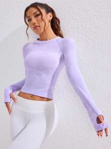 Sovereign Charm 女式字母印花不对称领口短袖运动 T 恤健身背心 - 淡紫色 - 查看 4