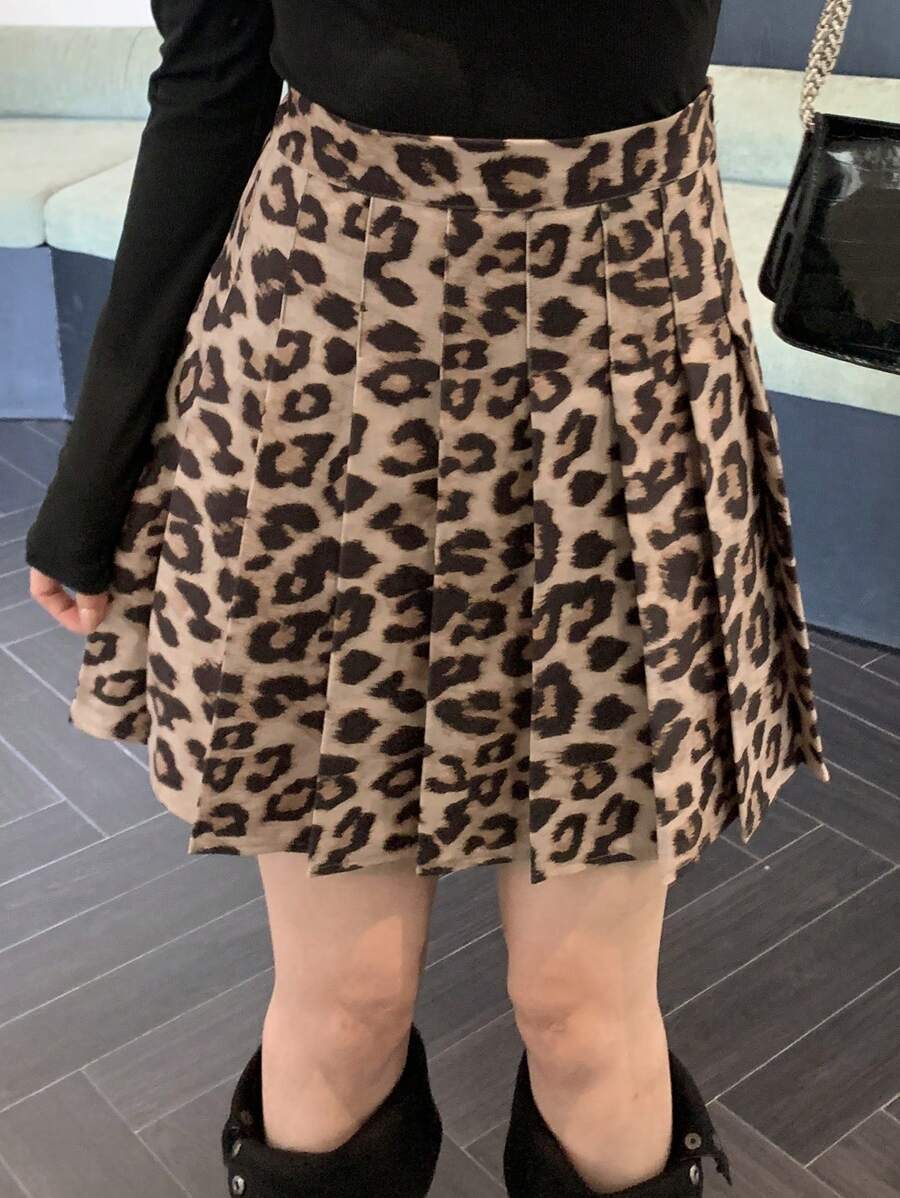 DAZY Women's Fashionable Leopard Print Pleated Skirt, Autumn - Multicolor - View 1