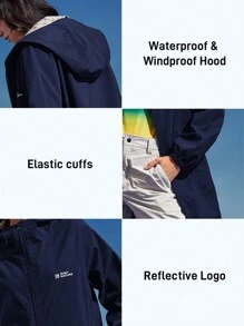 In My Nature Chaqueta de lluvia a media pierna, a prueba de viento y de agua, con capucha para mujer - Azul Marino - Ver 5