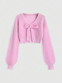 Sweetra 女士时尚百搭蝴蝶结装饰灯笼袖套头毛衣，短款针织套头衫，秋冬季 - 粉色 - 查看 1