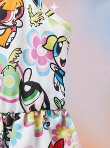 THE POWERPUFF GIRLS X SHEIN Young Girl Colorful Floral Butterfly & Cartoon Character All-Over Print Spaghetti Strap Ruffle Skater Dress - Multicolor - View 3
