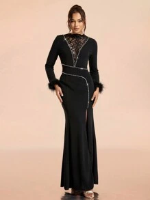 SHEIN Belle Vestido elegante de Navidad de mujer con contraste de encaje tejido, manga larga, adornado con cristales, ajustado con abertura, midi, negro, vestido de fiesta formal para invitados de boda, graduación, cena