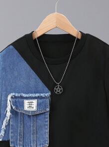 SHEIN 2 件套青少年男孩休闲牛仔拼布运动衫和运动裤，时尚流行街头风格时尚牛仔套装 - 彩色 - 查看 5