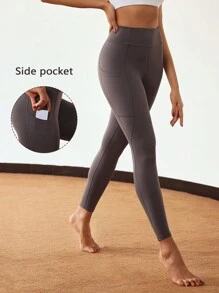 SHEIN Sports 女士高腰纯色弹力收腹紧身裤 - 灰色 - 查看 1