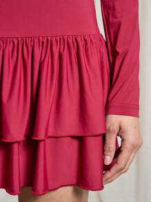 AiiRZ 波西米亚风圆领修身长袖垂腰荷叶边下摆芭蕾舞迷你连衣裙 - 酒紅色 - 查看 3