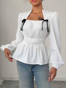 Chiquease 女士休闲衬衫，蝴蝶结设计，不对称方领，灯笼袖，腰部褶皱细节，适合春秋季节荷叶边上衣 - 白色 - 查看 3