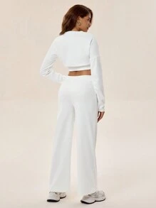 SHEIN Sports 休闲纯色落肩上衣和长裤运动套装，秋季 - 白色 - 查看 2