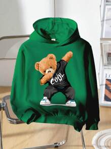 SHEIN Leap Crew Tween Boys Casual Cartoon Bear Print Thick Long Sleeve Sweatshirt, Suitable For Autumn/Winter - Green - View 1
