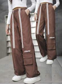Tween Ribbon Print Pocket Fashion Casual Pants - Mocha Brown - View 3