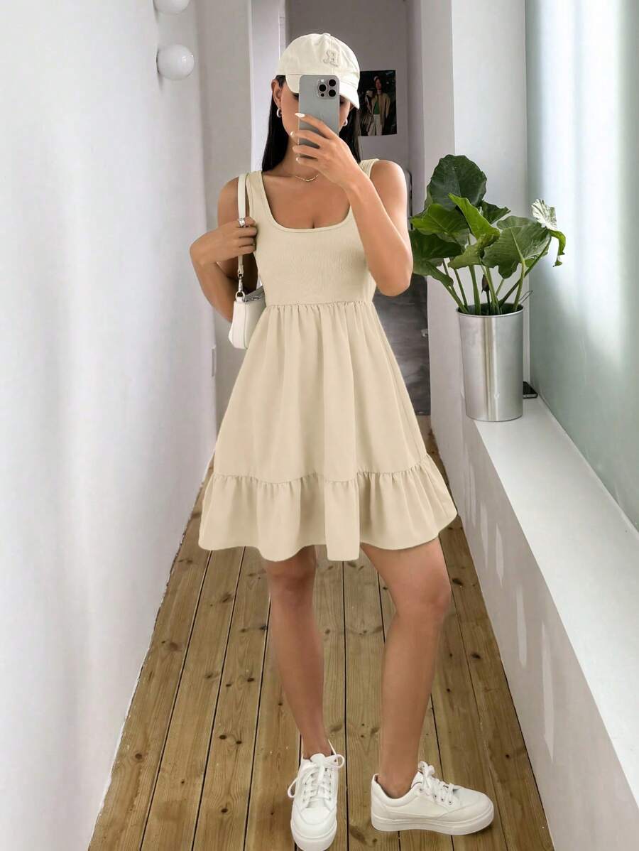 SHEIN Unity Vestido casual sin mangas de punto acanalado con cuello redondo y dobladillo con volantes de unicolor para mujer - Albaricoque - Ver 1