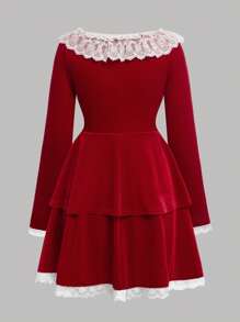 SHEIN 少女圣诞蝴蝶结珍珠纽扣蕾丝荷叶边褶皱红色连衣裙，秋冬装 - 紅白色 - 查看 2