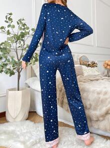 Bộ đồ ngủ dài tay in hình bầu trời đầy sao cho nữ và quần ren tương phản, thoải mái - Nhiều màu - Xem 2