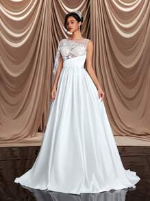 Glamrae 优雅奢华奶油色缎面蕾丝拼布单肩大灯笼袖大裙，适合婚礼、活动、派对和度假 - 米色 - 查看 7