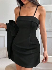 Muchica Women's Casual Solid Short Outwear Jacket With Strap Dress Set, For Autumn - Black - View 3