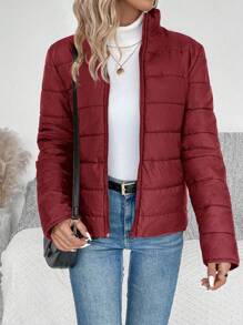 SHEIN LUNE 女士休闲纯色拉链前衬垫外套，冬季服装款式 - 酒紅色 - 查看 4