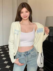 DAZY 女士字母提花针织连帽开衫，秋季女装 - 白色 - 查看 5