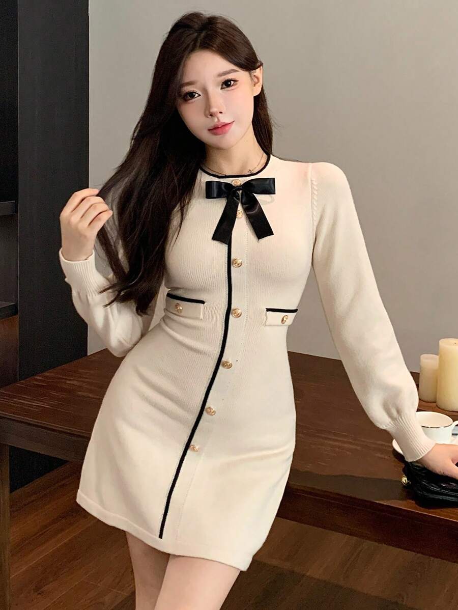 DAZY 女士优雅拼色修身毛衣裙,适合秋冬季,秋季女装 - 米色 - 查看 1