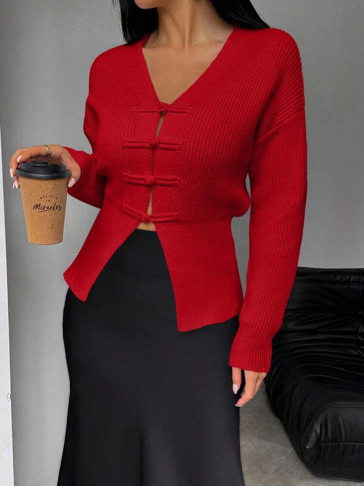 Chiquease Women Elegant Solid Color Drop Shoulder Button Front Cardigan, Autumn/Winter For New Year Clothes - Red - View 7