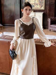 DAZY 2pcs/Set Women's Solid Color Spaghetti Strap Simple PU Blouse And Round Neck Long Sleeve Ruffle Hem Simple Dress, Autumn/Winter ,New Year Eve,Fall Women Clothes - Khaki - View 4