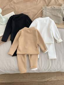 SHEIN LMoss Kids 6 件套女婴可爱高领纯色长袖上衣和松紧腰长裤，秋冬 - 彩色 - 查看 2