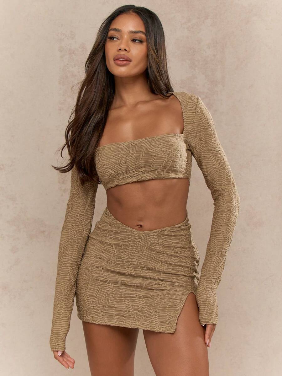 MISSGUIDED 纹理弹力迷你连衣裙，长袖，方形领口，镂空设计，褶皱侧面细节，俱乐部派对晚礼服