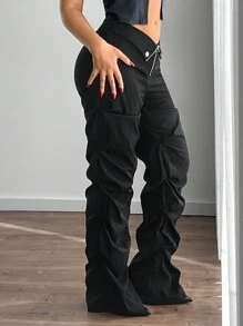 SHEIN ICON Pantalones sueltos con cintura extra baja, cuello en V y pliegues para mujeres